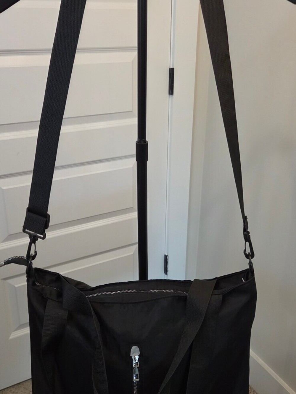 Black Nylon Shoulder Tote Bag with Adjustable Strap and Front Zipper Pocket